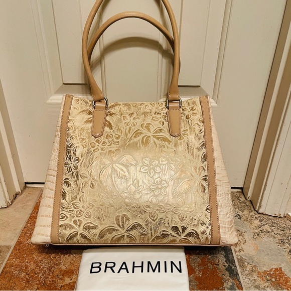 đEXTREMELY RARE! Brahmin Joan Tote Creme Prescott Gold Palms, Leather Handbag - Picture 6 of 16